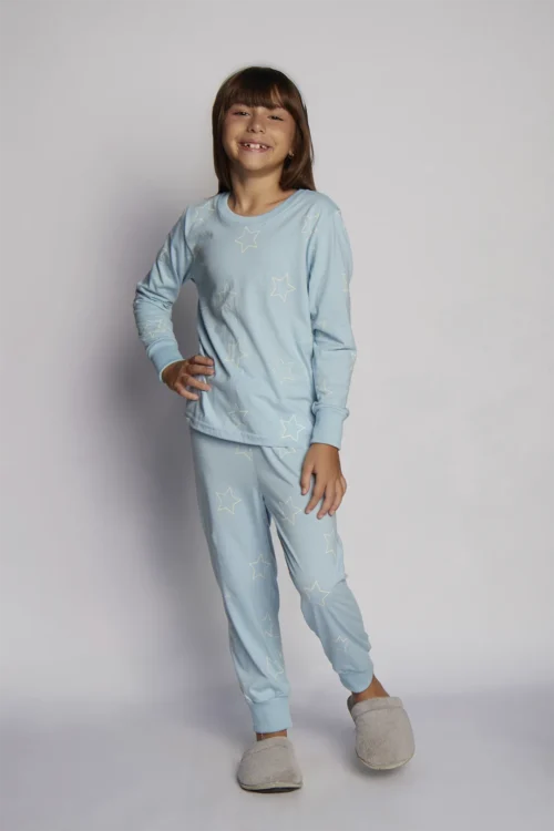 pijama infantil feminino algodão estrelas azul bebê com manga longa e calça com punho