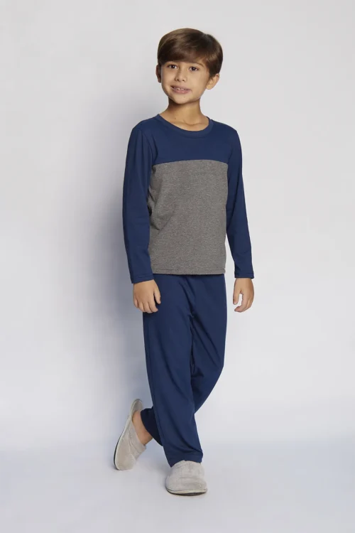 pijama infantil masculino algodão azul marinho com camiseta bicolor e calça reta