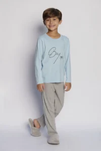 Pijama infantil boy boss algodão azul bebê com calça cinza e detalhe lateral