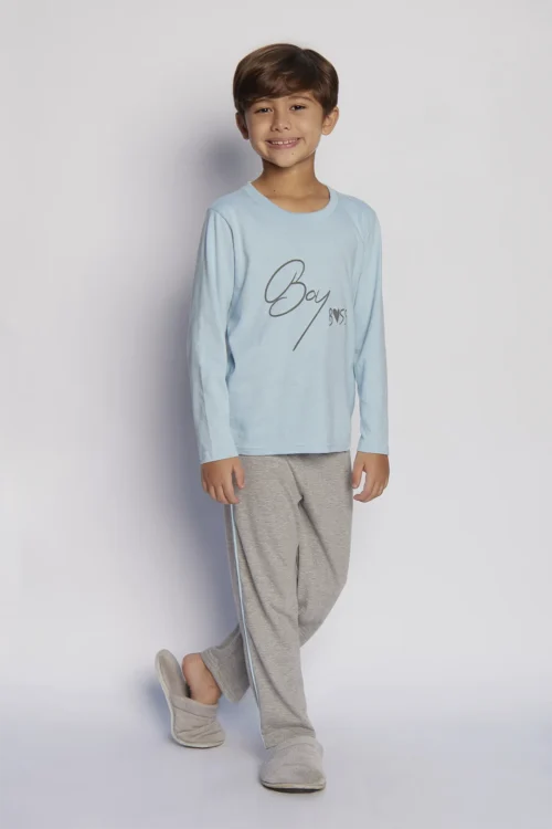 Pijama infantil boy boss algodão azul bebê com calça cinza e detalhe lateral