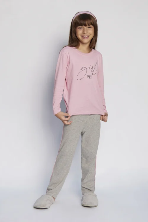 Pijama infantil girl boss algodão rosa bebê com calça cinza e detalhe lateral